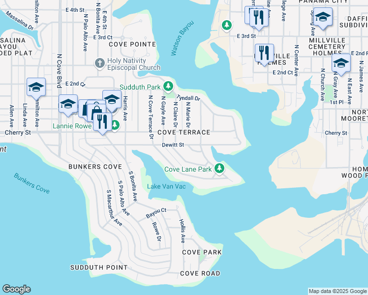 map of restaurants, bars, coffee shops, grocery stores, and more near 1604-1606 Cherry Street in Panama City
