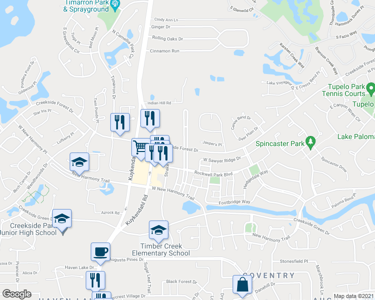 map of restaurants, bars, coffee shops, grocery stores, and more near Kendrick Pines Boulveard in Spring