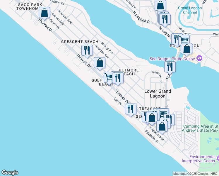 map of restaurants, bars, coffee shops, grocery stores, and more near 4100 Biltmore Drive in Panama City Beach
