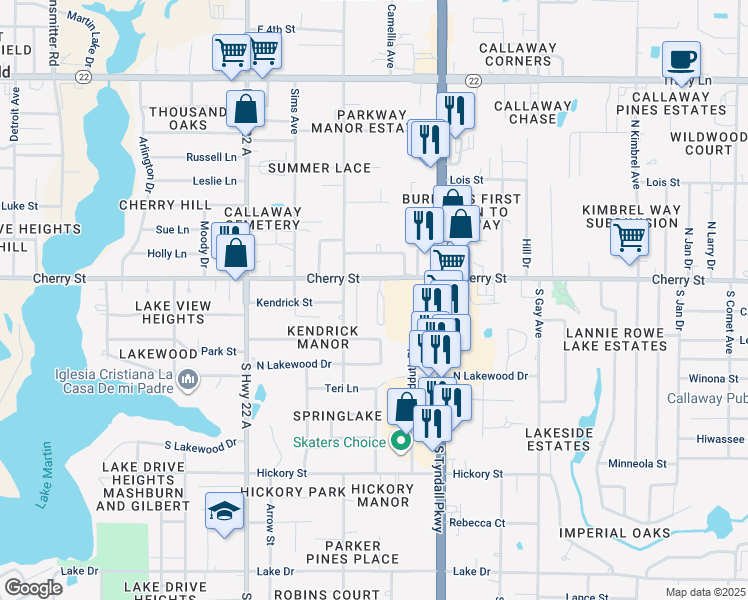 map of restaurants, bars, coffee shops, grocery stores, and more near 120 Parker Village Circle in Panama City