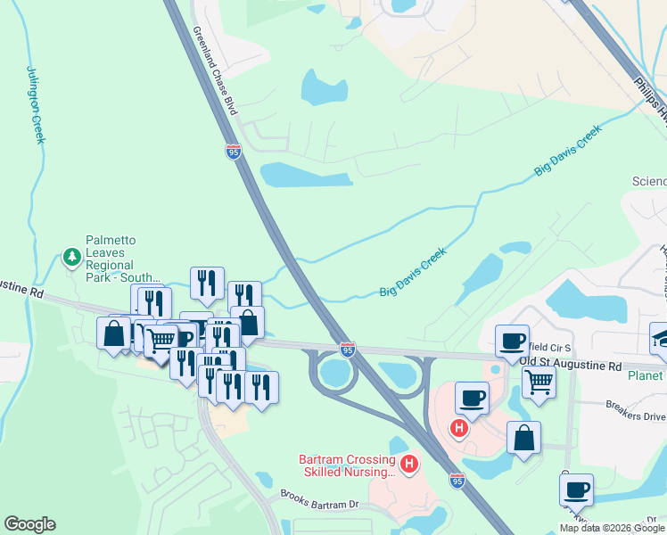 map of restaurants, bars, coffee shops, grocery stores, and more near Interstate 95 in Jacksonville