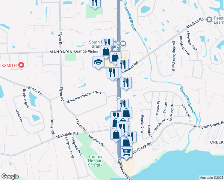 map of restaurants, bars, coffee shops, grocery stores, and more near 12276 San Jose Boulevard in Jacksonville