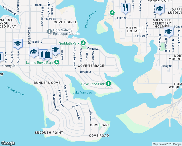 map of restaurants, bars, coffee shops, grocery stores, and more near 1604-1606 Cherry Street in Panama City