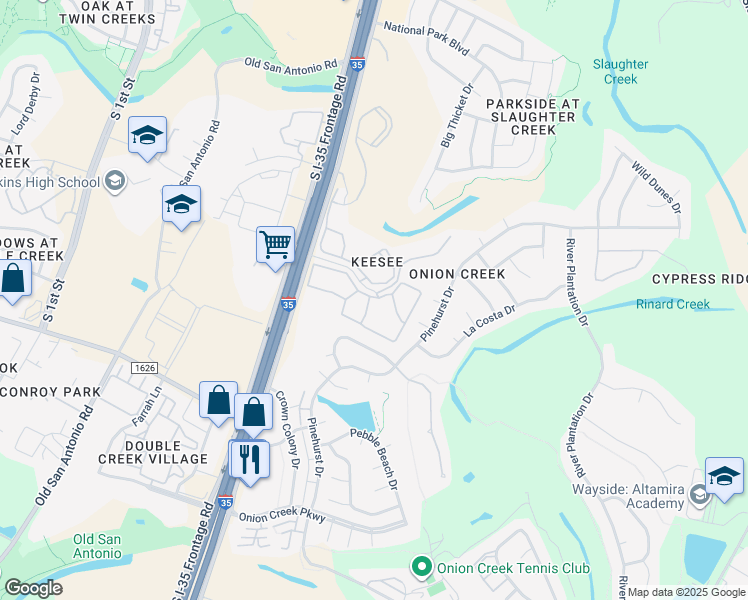 map of restaurants, bars, coffee shops, grocery stores, and more near 10505 South Interstate 35 Frontage Road in Austin