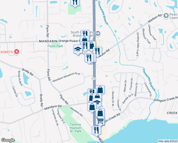map of restaurants, bars, coffee shops, grocery stores, and more near 12350 San Jose Boulevard in Jacksonville