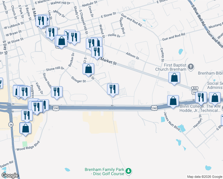 map of restaurants, bars, coffee shops, grocery stores, and more near 2605 Cheyenne Drive in Brenham