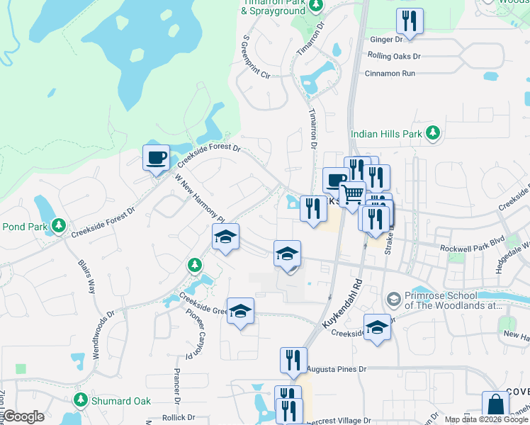 map of restaurants, bars, coffee shops, grocery stores, and more near 99 Hamlin Lake Drive in Tomball