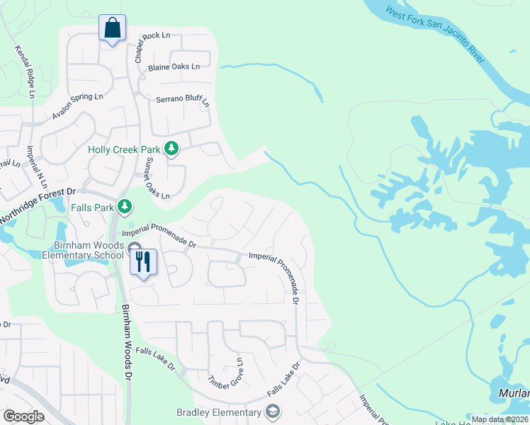 map of restaurants, bars, coffee shops, grocery stores, and more near 3602 Rosalie Park Court in Spring
