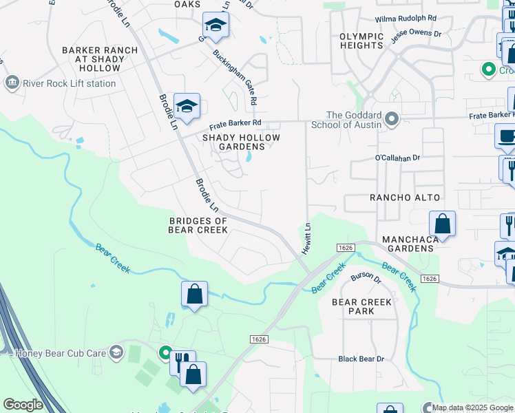 map of restaurants, bars, coffee shops, grocery stores, and more near 2412 Sully Creek Drive in Austin