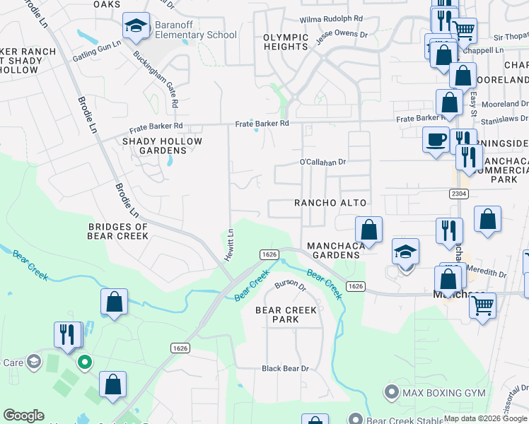 map of restaurants, bars, coffee shops, grocery stores, and more near 2124 Christoff Loop in Austin