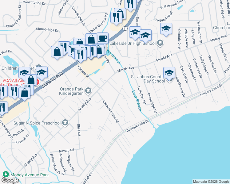 map of restaurants, bars, coffee shops, grocery stores, and more near 2962 Shelby Drive in Orange Park