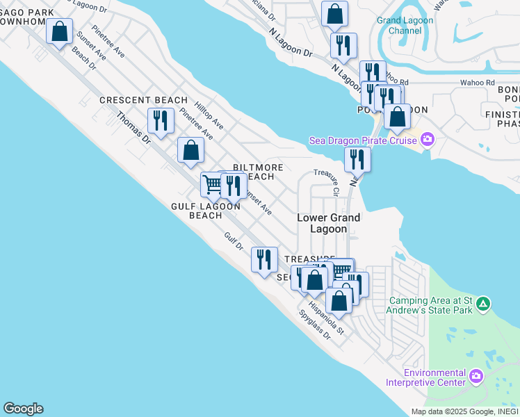map of restaurants, bars, coffee shops, grocery stores, and more near 5403 Sunset Avenue in Panama City