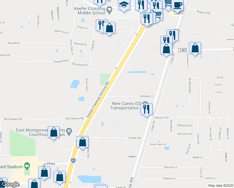 map of restaurants, bars, coffee shops, grocery stores, and more near 22731 Antique Lane in New Caney