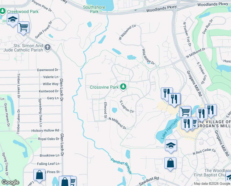 map of restaurants, bars, coffee shops, grocery stores, and more near 10908 Sweetspire Place in Spring