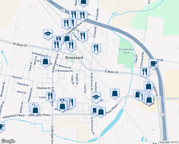 map of restaurants, bars, coffee shops, grocery stores, and more near 518 East Main Street in Broussard