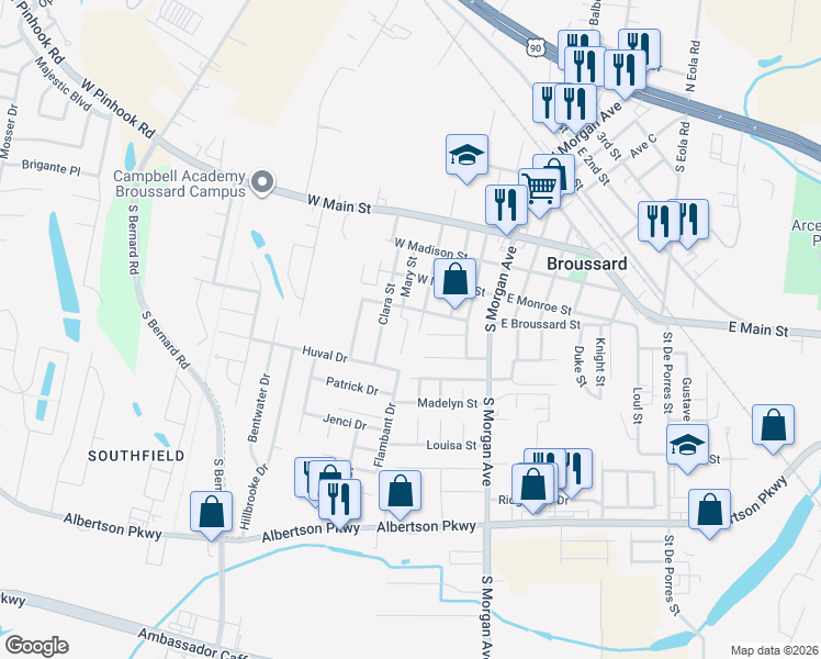 map of restaurants, bars, coffee shops, grocery stores, and more near 403 West Broussard Street in Broussard