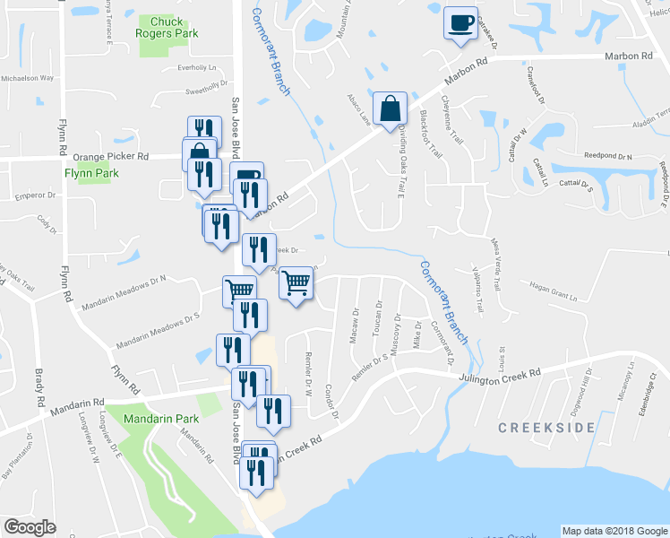 map of restaurants, bars, coffee shops, grocery stores, and more near 3149 Cormorant Drive in Jacksonville