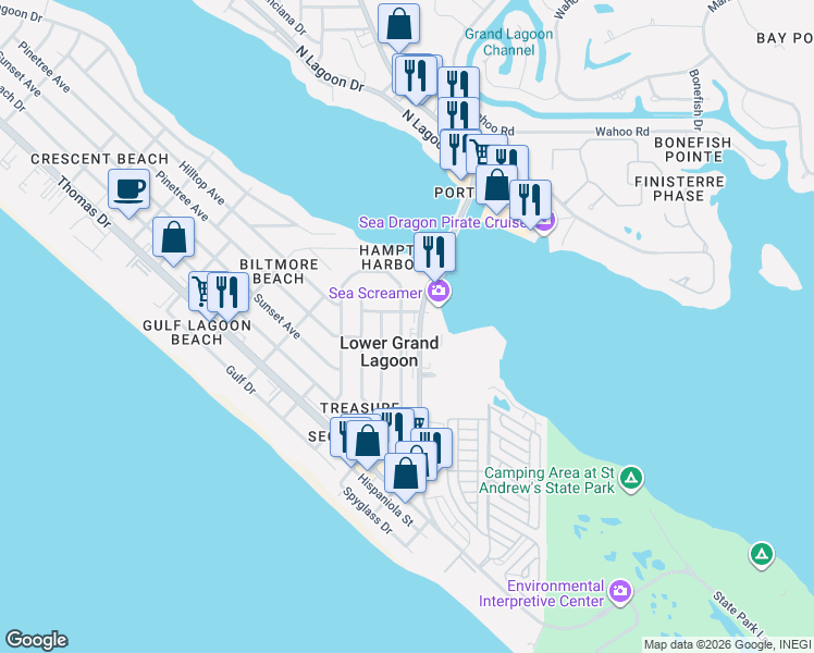 map of restaurants, bars, coffee shops, grocery stores, and more near 5210 Trelawney Avenue in Panama City