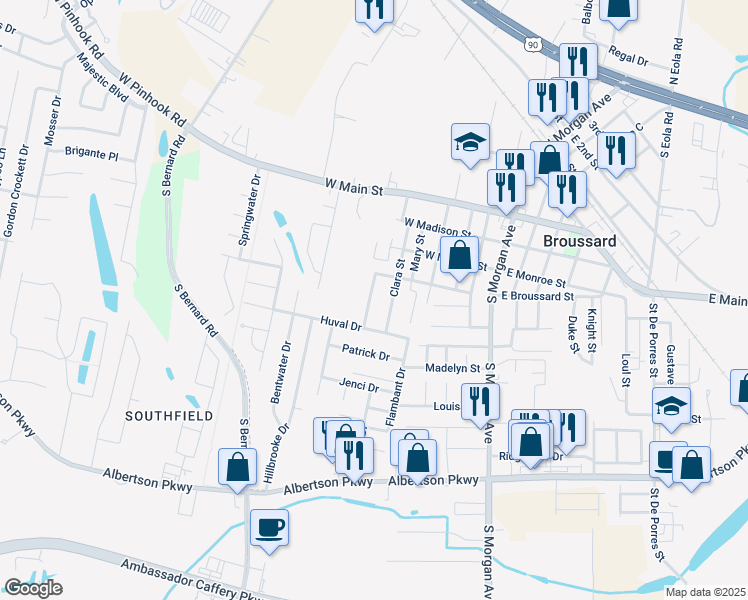 map of restaurants, bars, coffee shops, grocery stores, and more near 415 Ducote Drive in Broussard