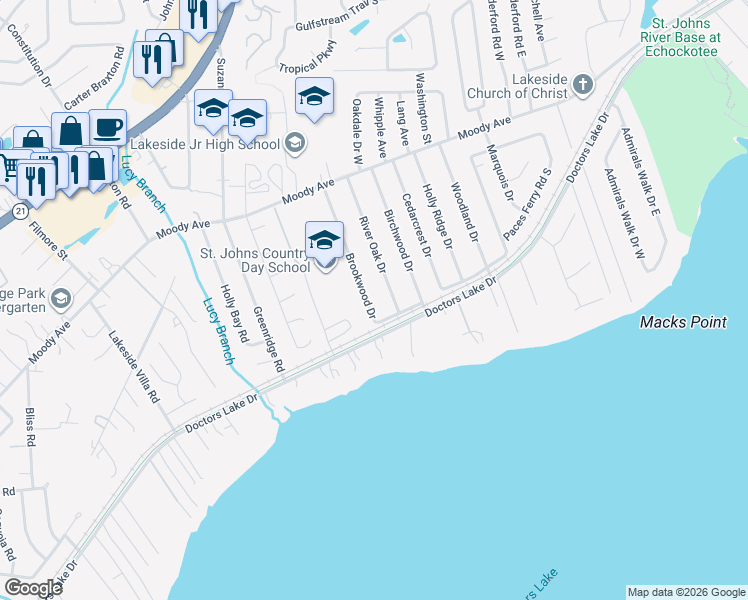 map of restaurants, bars, coffee shops, grocery stores, and more near 2866 River Oak Drive in Orange Park