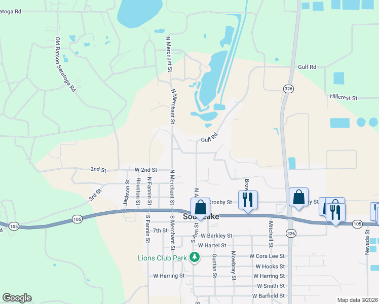 map of restaurants, bars, coffee shops, grocery stores, and more near 551-619 North Ann Street in Sour Lake