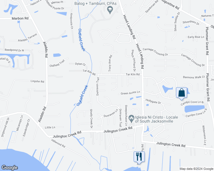 map of restaurants, bars, coffee shops, grocery stores, and more near 4134 Shetland Pony Lane in Jacksonville
