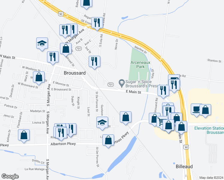 map of restaurants, bars, coffee shops, grocery stores, and more near 614 East 2nd Street in Broussard