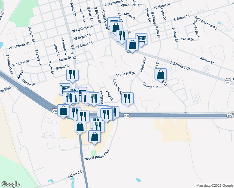 map of restaurants, bars, coffee shops, grocery stores, and more near 2480 Stone Hollow Drive in Brenham