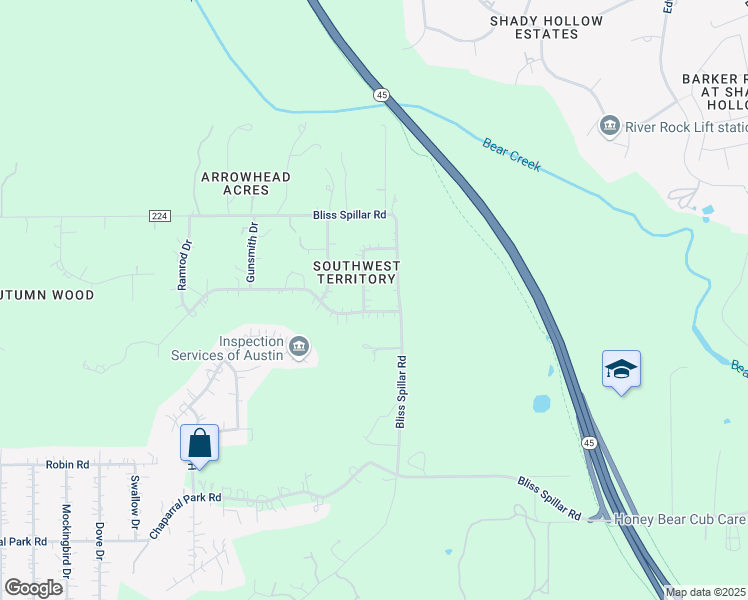 map of restaurants, bars, coffee shops, grocery stores, and more near 3425 Bliss Spillar Road in Manchaca