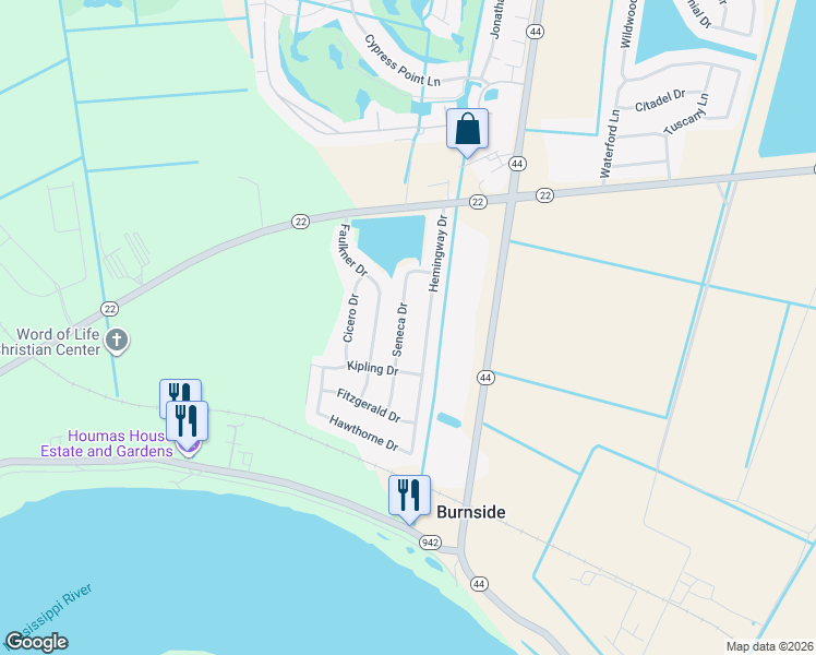 map of restaurants, bars, coffee shops, grocery stores, and more near 5239 Seneca Drive in Darrow
