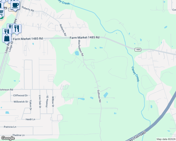 map of restaurants, bars, coffee shops, grocery stores, and more near 20939 Sullivan Road in New Caney