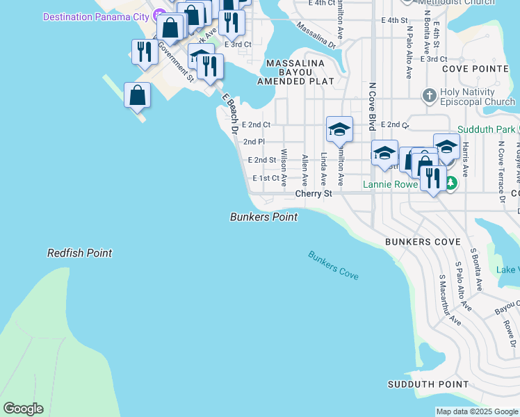 map of restaurants, bars, coffee shops, grocery stores, and more near 100 Cherry Street in Panama City
