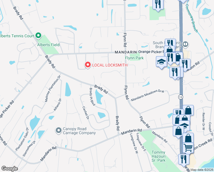 map of restaurants, bars, coffee shops, grocery stores, and more near 2519 Riley Oaks Trail in Jacksonville