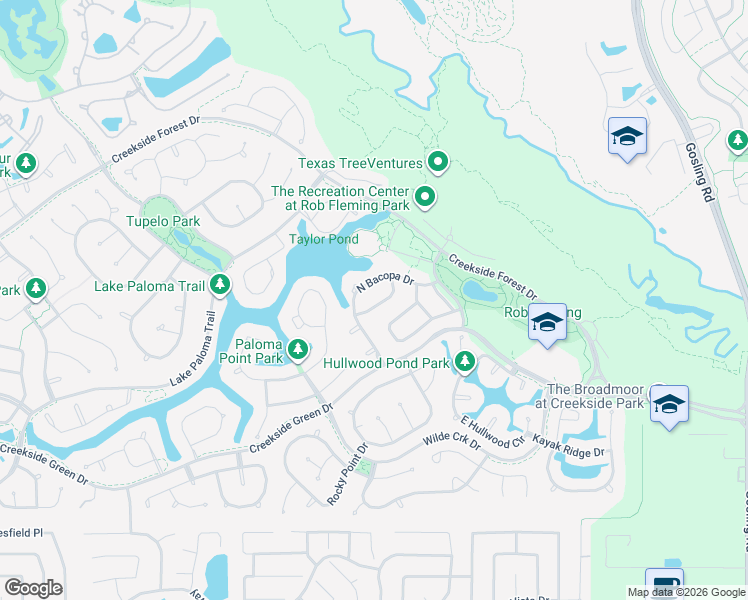 map of restaurants, bars, coffee shops, grocery stores, and more near 46 North Bacopa Drive in Spring
