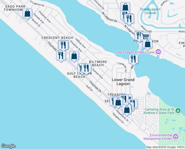 map of restaurants, bars, coffee shops, grocery stores, and more near 5500 Beach Drive in Panama City