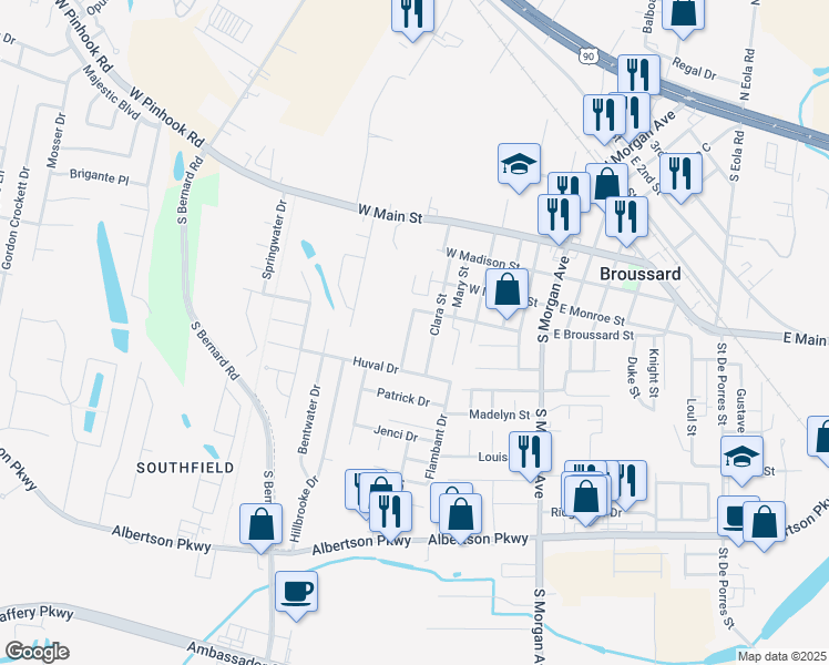 map of restaurants, bars, coffee shops, grocery stores, and more near 411 Ducote Drive in Broussard