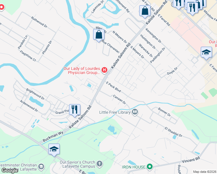 map of restaurants, bars, coffee shops, grocery stores, and more near 105 E Peck Blvd in Lafayette