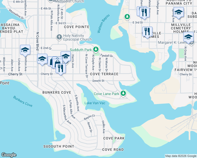 map of restaurants, bars, coffee shops, grocery stores, and more near 1504 Cherry Street in Panama City