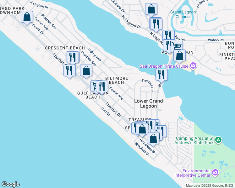 map of restaurants, bars, coffee shops, grocery stores, and more near 5410 Sunset Avenue in Panama City Beach