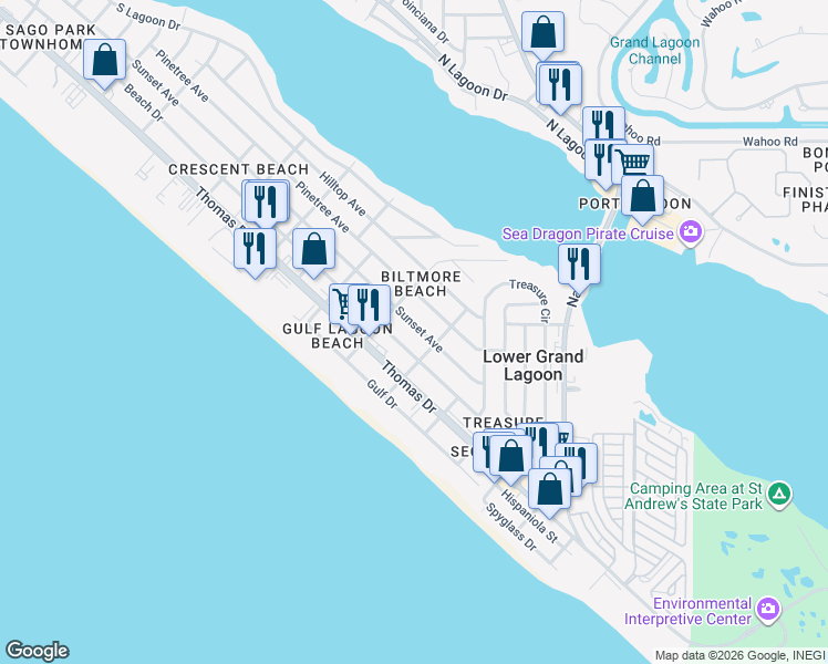 map of restaurants, bars, coffee shops, grocery stores, and more near 5410 Sunset Avenue in Panama City Beach