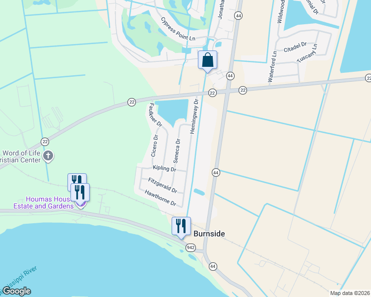 map of restaurants, bars, coffee shops, grocery stores, and more near 5252 Hemingway Drive in Darrow