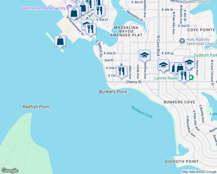 map of restaurants, bars, coffee shops, grocery stores, and more near 100 Cherry Street in Panama City