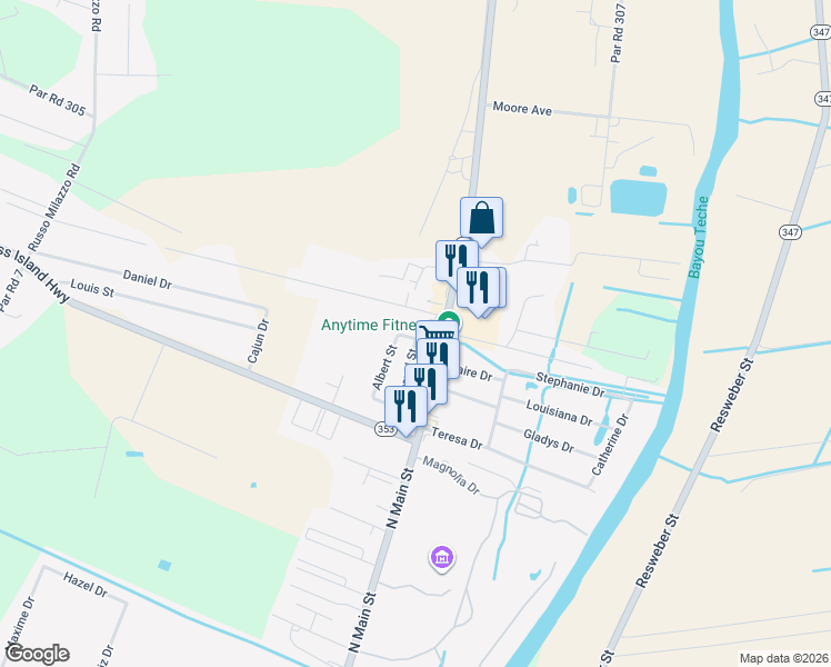 map of restaurants, bars, coffee shops, grocery stores, and more near 202 Allan Street in Saint Martinville