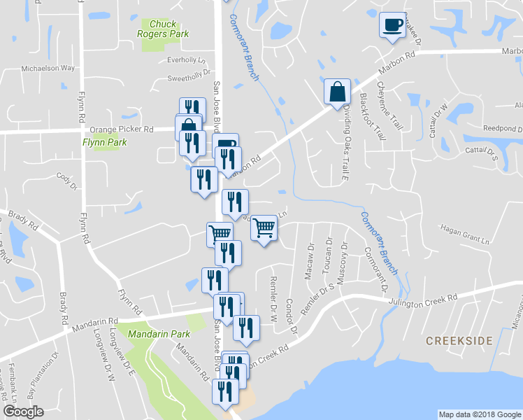 map of restaurants, bars, coffee shops, grocery stores, and more near 3056 Paddle Creek Drive in Jacksonville
