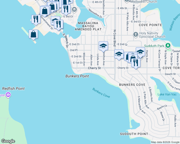 map of restaurants, bars, coffee shops, grocery stores, and more near 402 Cherry Street in Panama City