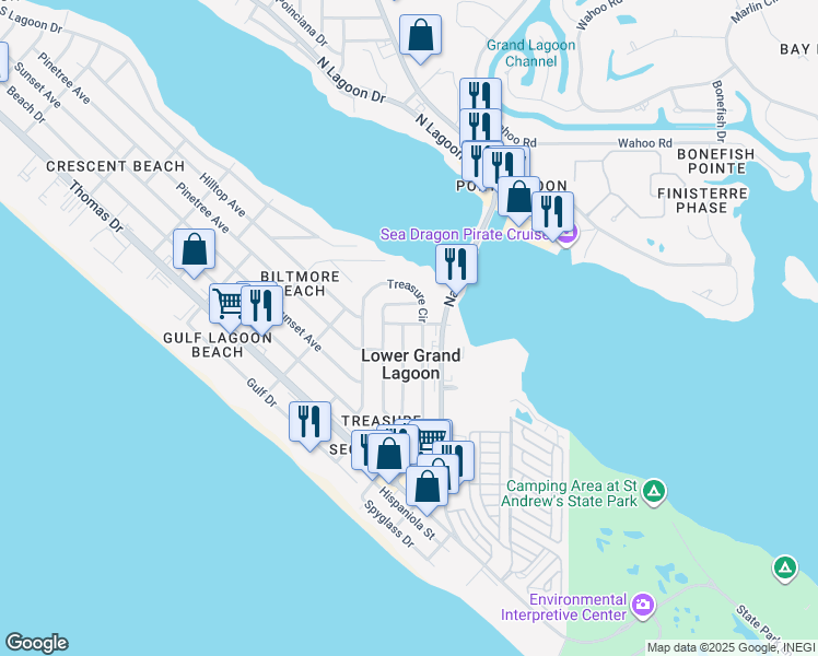map of restaurants, bars, coffee shops, grocery stores, and more near 5210 Trelawney Avenue in Panama City