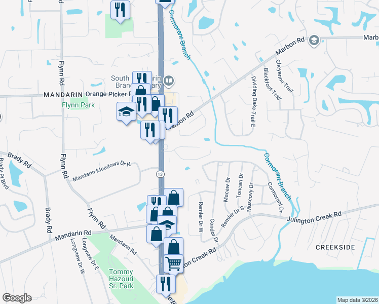map of restaurants, bars, coffee shops, grocery stores, and more near 3056 Paddle Creek Drive in Jacksonville