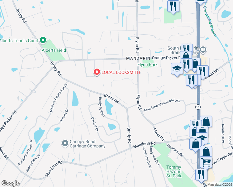 map of restaurants, bars, coffee shops, grocery stores, and more near 2519 Riley Oaks Trail in Jacksonville