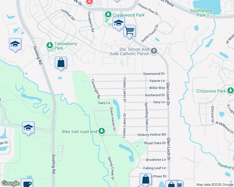map of restaurants, bars, coffee shops, grocery stores, and more near 3518 Kentwood Drive in Spring