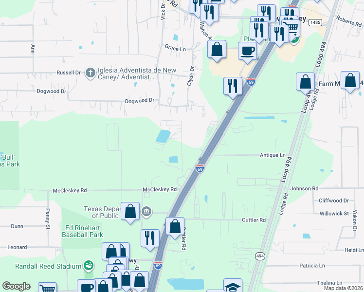 map of restaurants, bars, coffee shops, grocery stores, and more near Jimima Boulevard in New Caney
